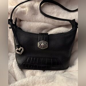 Brighton Vintage Black Croc Embossed Leather Shoulder Bag with Heart Charm